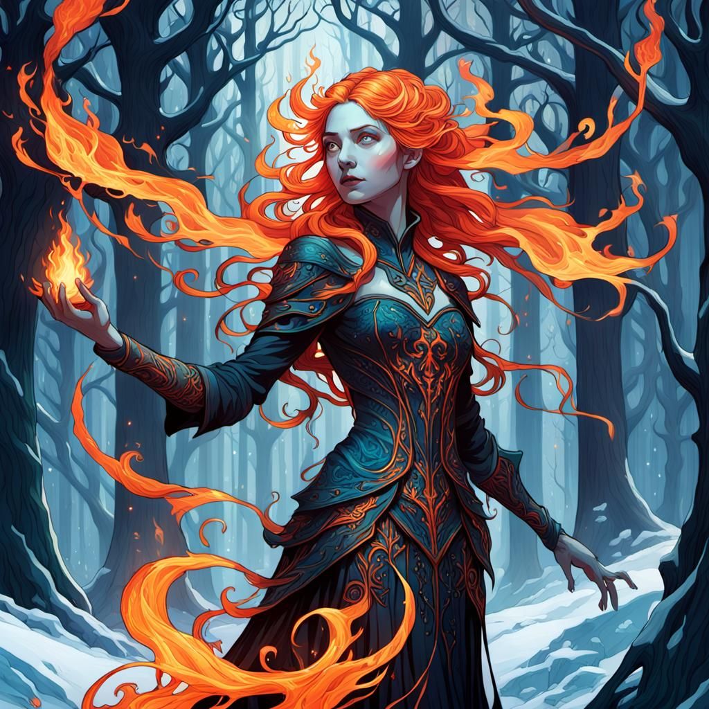 Gothic Flame Woman in Frozen Forest: Dark Fantasy Art