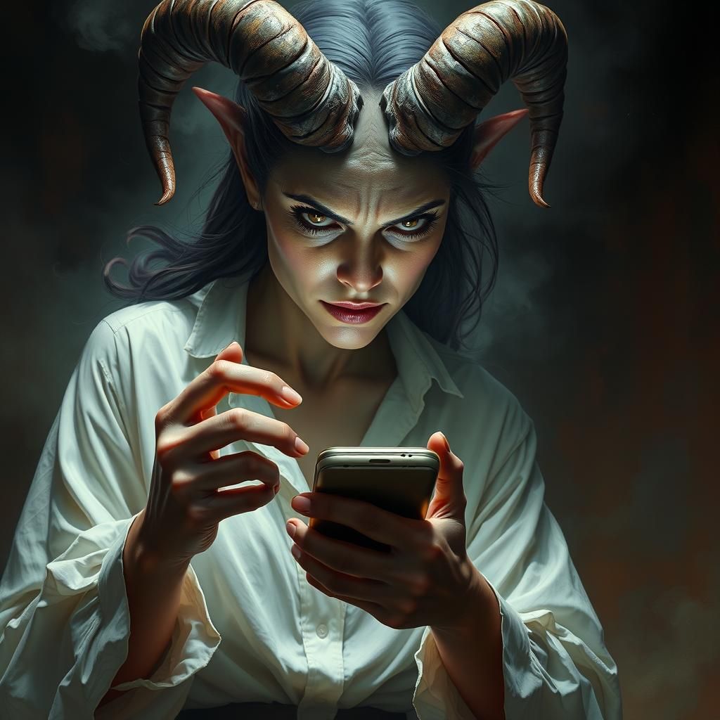 Desperate Woman and Horned Figure in Dark Fantasy Style