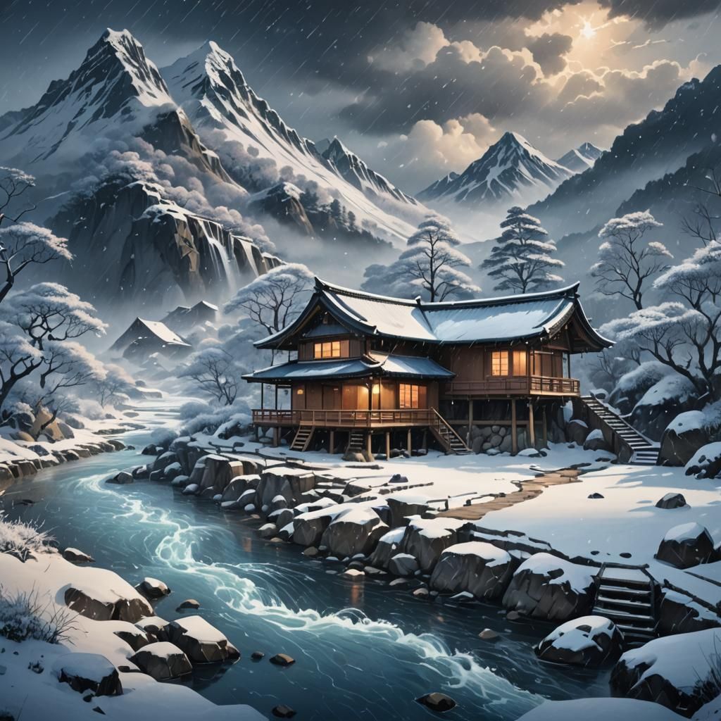 Mountain Hut and Koi in Snowy Storm, Detailed Matte Painting