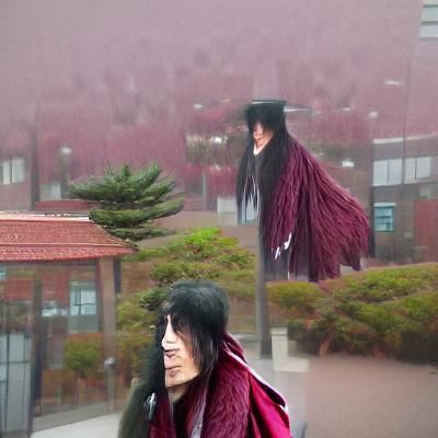 Korean Man in Maroon Cloak on Rainy Day