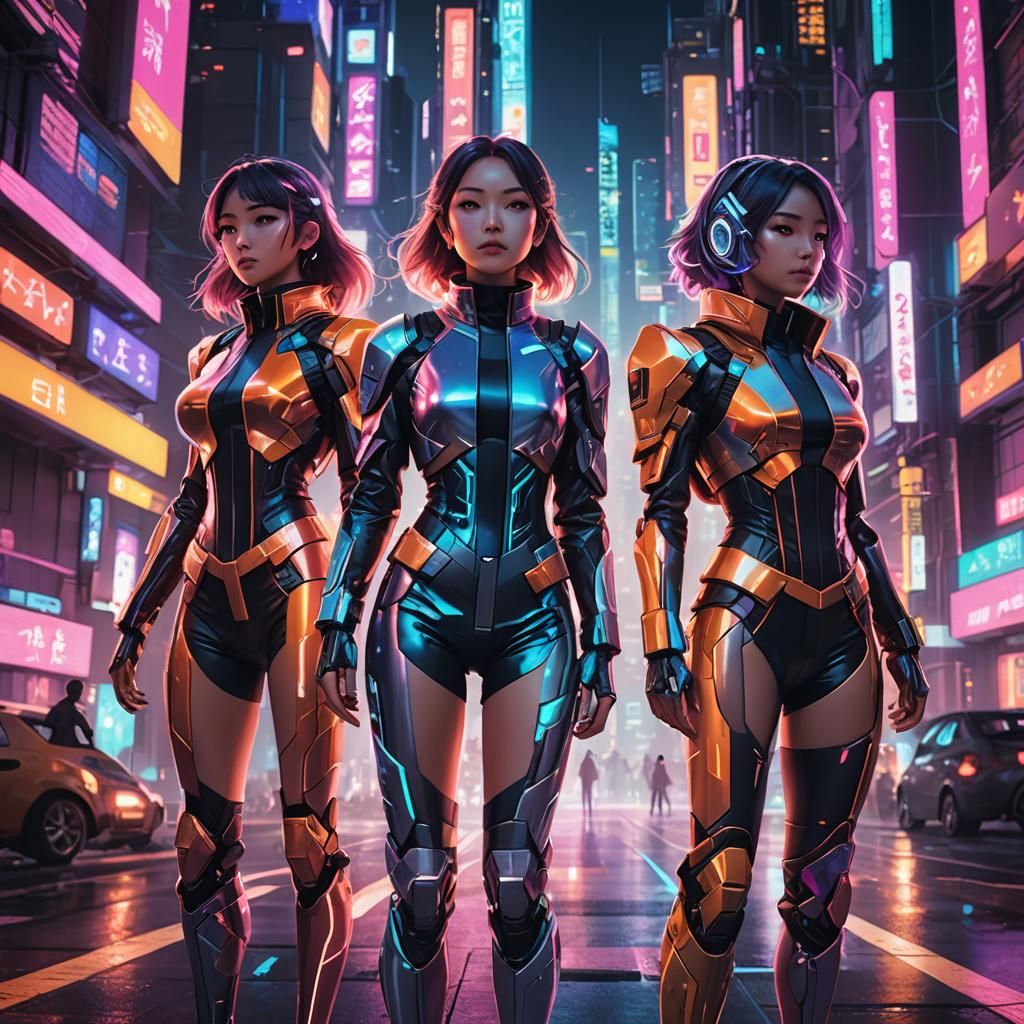 Futuristic Anime Women in Neon Cityscape