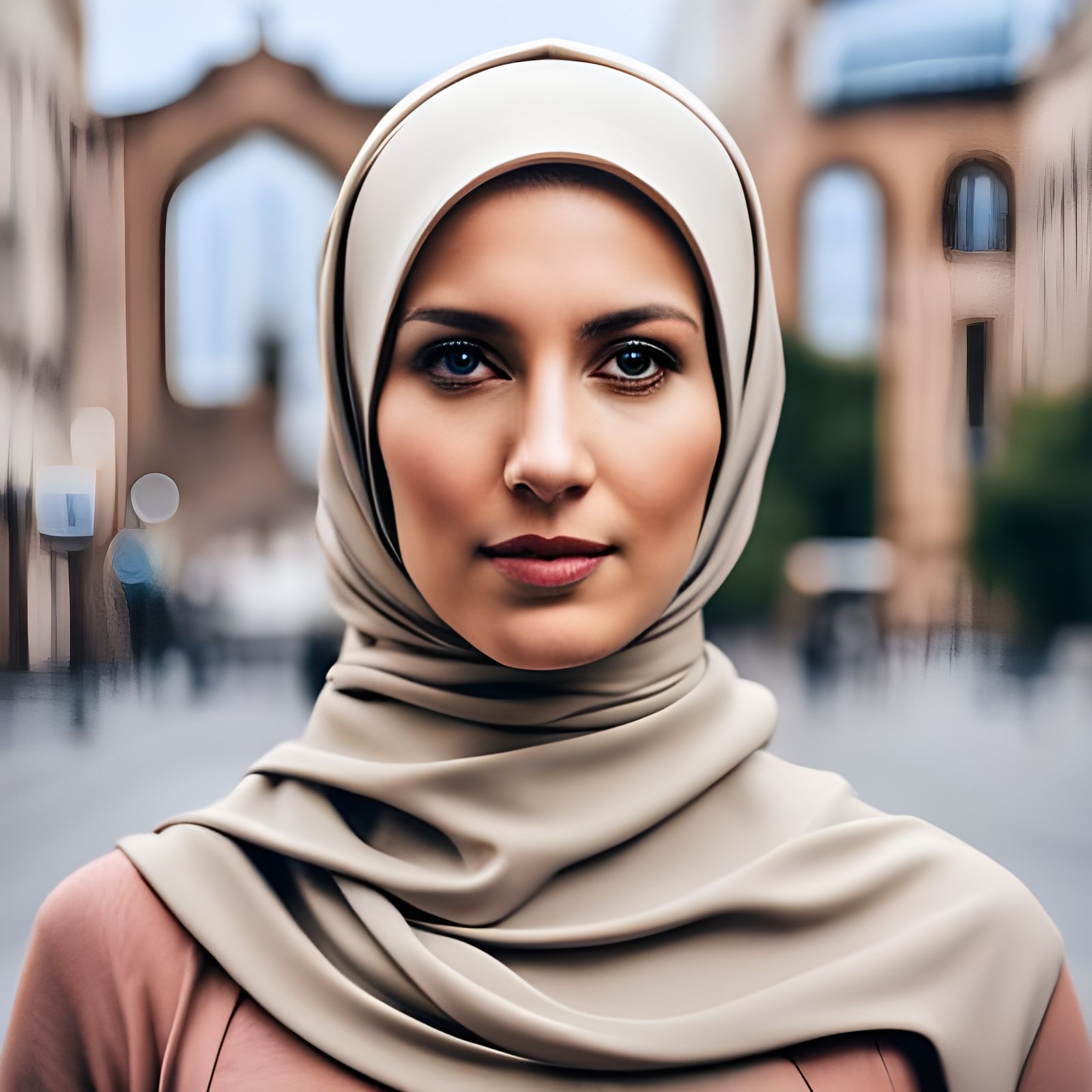 Hyperrealistic Portrait of Woman in Hijab, City Background