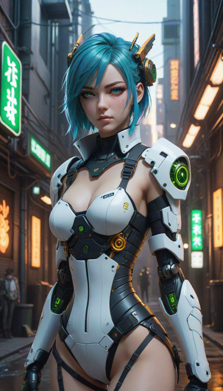 Cyberpunk Android Girl in Neon-Noir Art Style