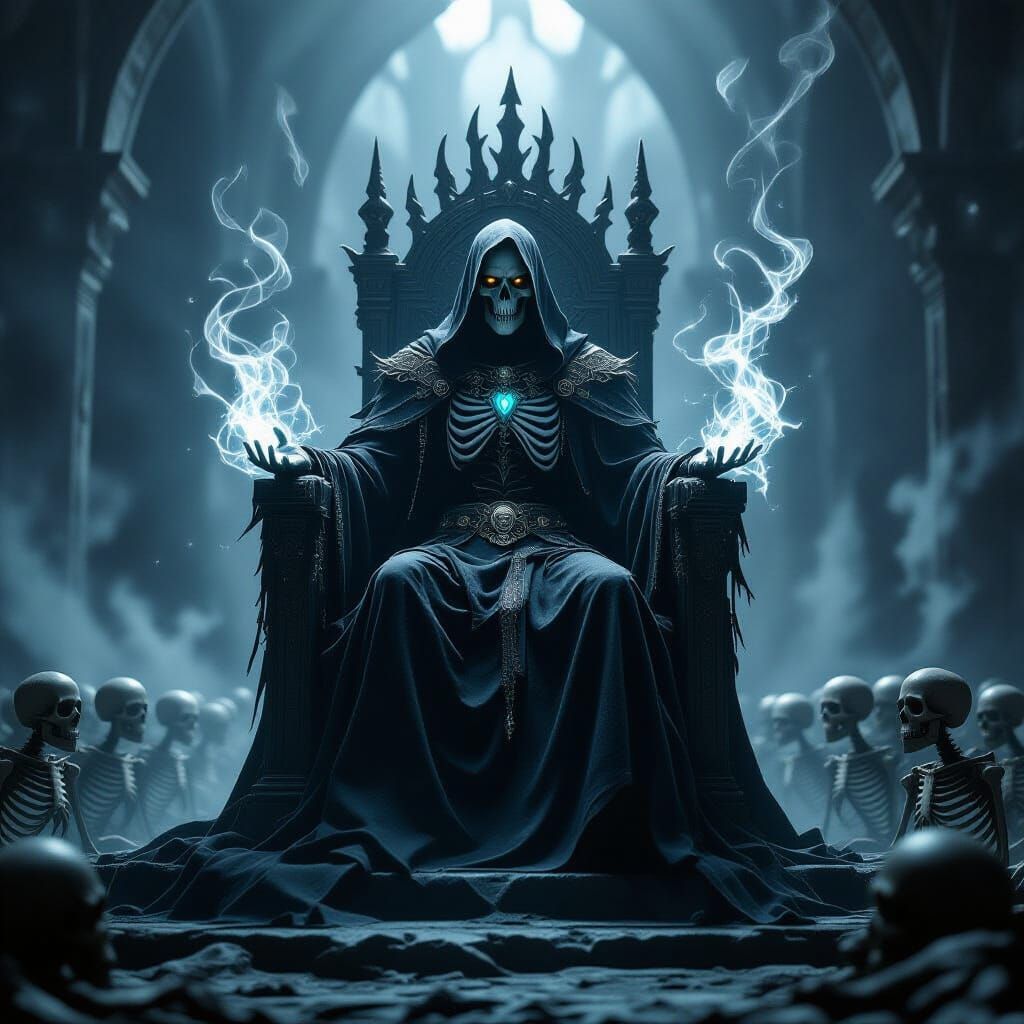 Ancient Lich on Obsidian Throne in Desolate Crypt