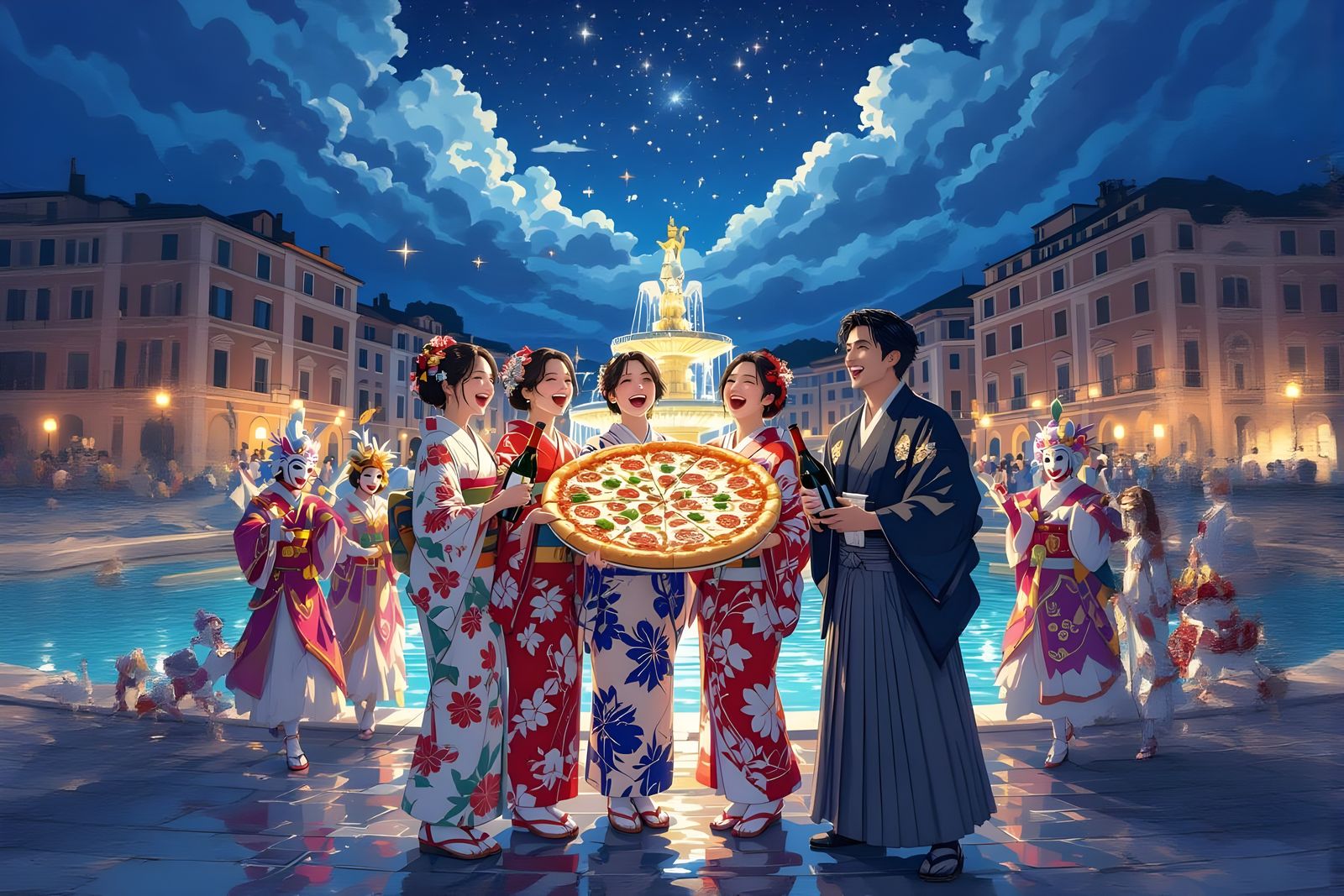 Trevi Fountain Celebration Under Starry Sky