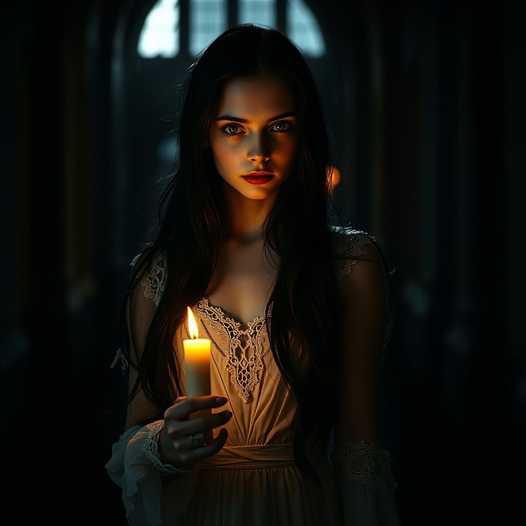 Elegant Woman in Dark Castle Hallway