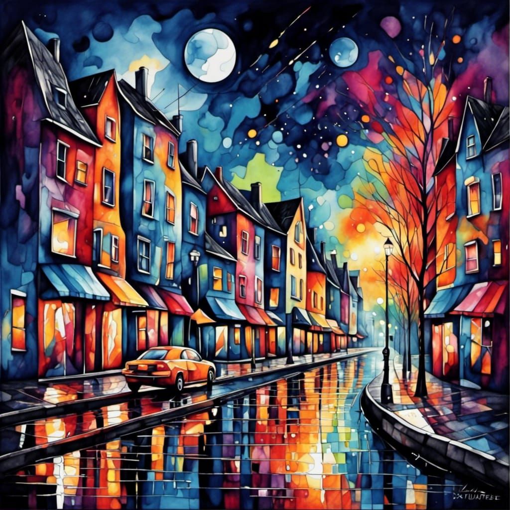 Abstract Town in Cosmic Night: Cubist Liquid Art