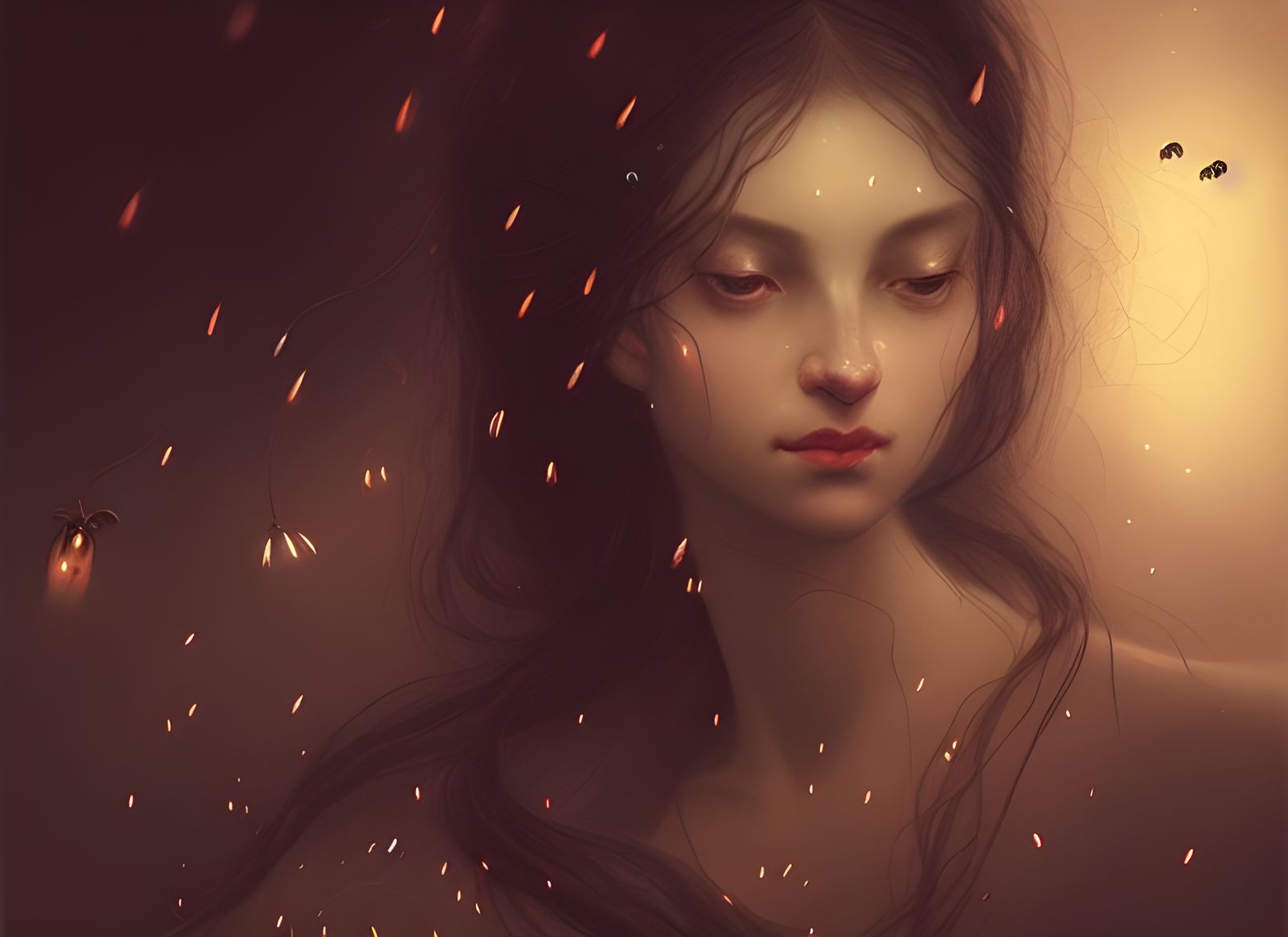 Woman with Fireflies: Macabre Portrait Illustration