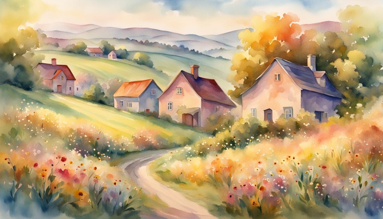 Watercolor Village in Impressionistic Style