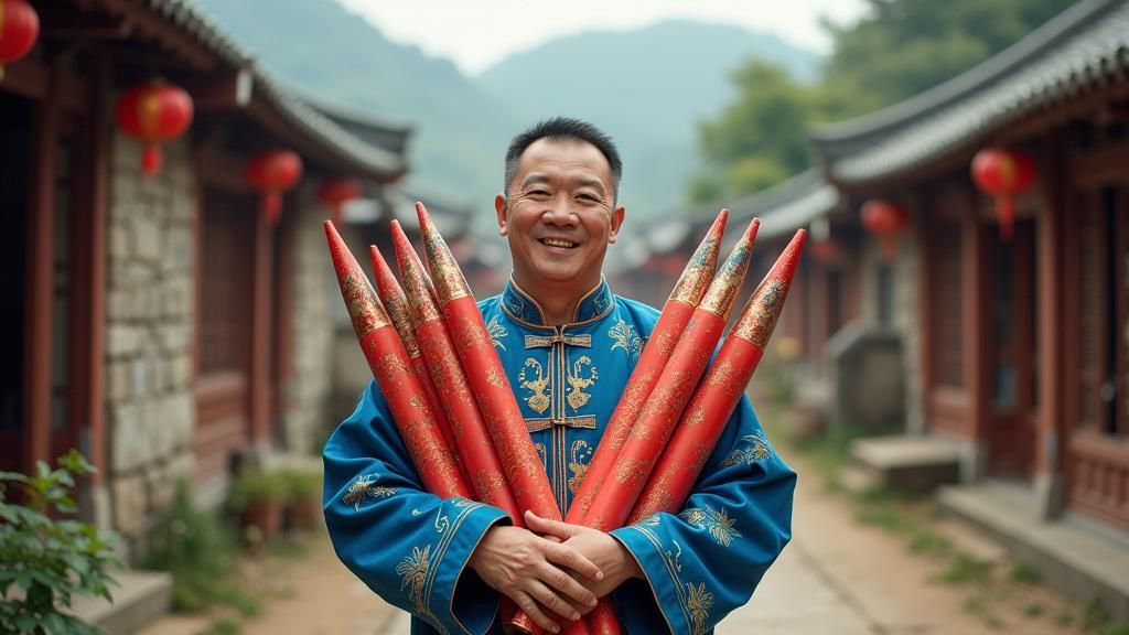 Chinese Man Holding Fireworks in Traditional Village