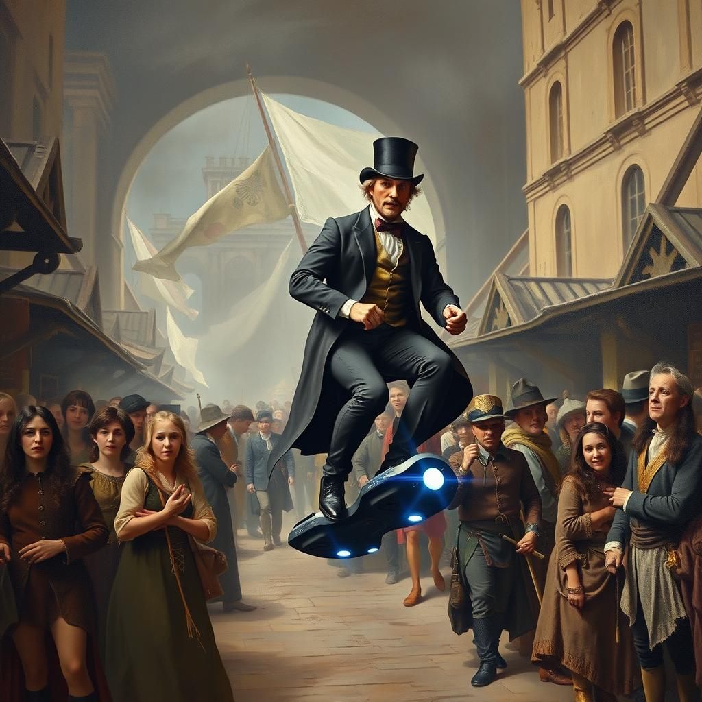 Victorian Gentleman on Hoverboard, in Rembrandt Style