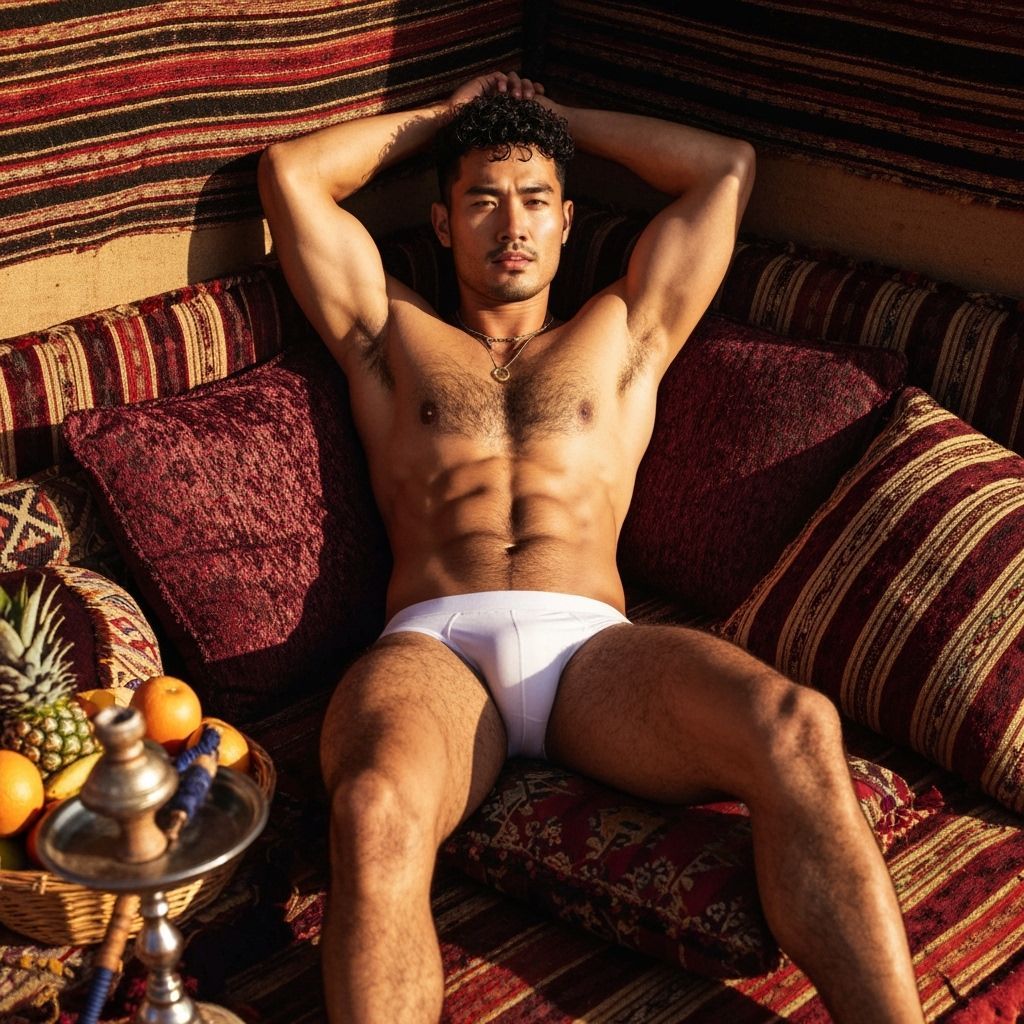 Athletic Asian Man Reclining in Ornate Bedouin Tent