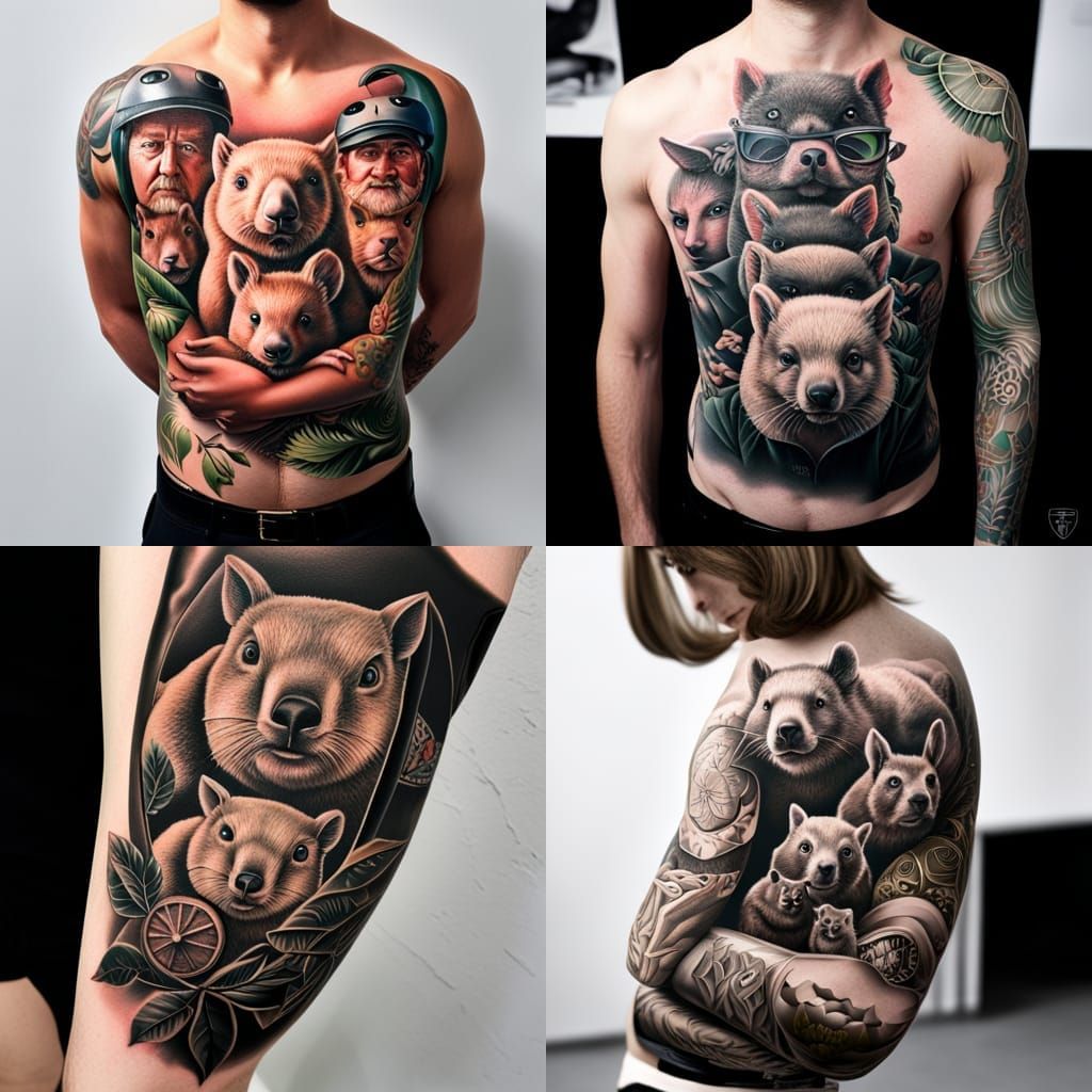 Hyperrealistic Tattoo Design: Biker Wombat Family