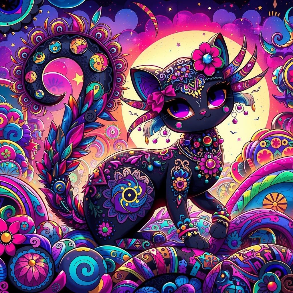 Whimsical Goth Quetzalcoatl Cat Woman in Cutecore Style