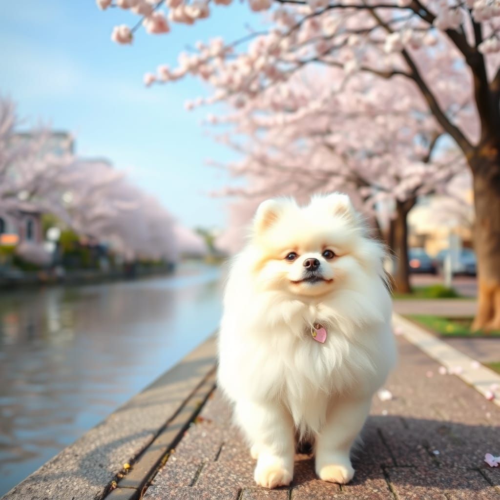 Charming Pomeranian in a Japanese Cherry Blossom Paradise