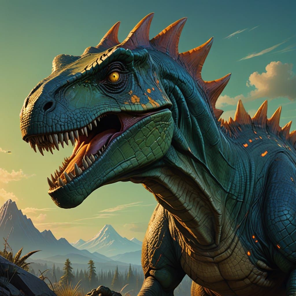 Hyperrealistic Dinosaur in Dramatic, Emerald-Lit Portrait