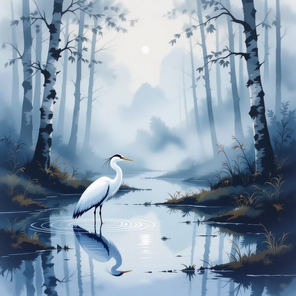 Heron in Foggy Forest Painting with Chinese Influence