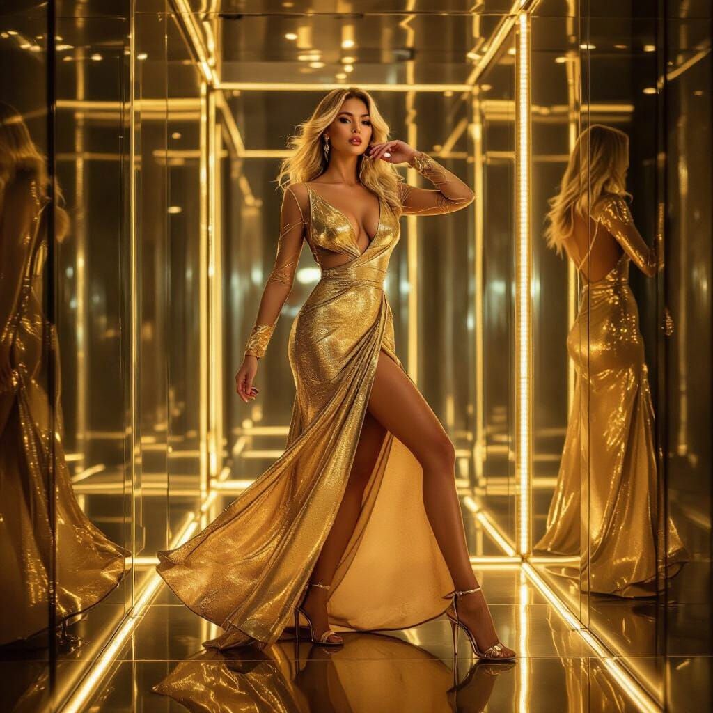Woman in Liquid Gold Dress in Glowing Golden Room