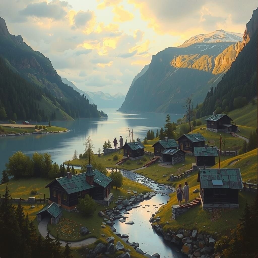 Village on the Sound. Rendered with sfumato, chiaroscuro, and impasto thick brush techniques.