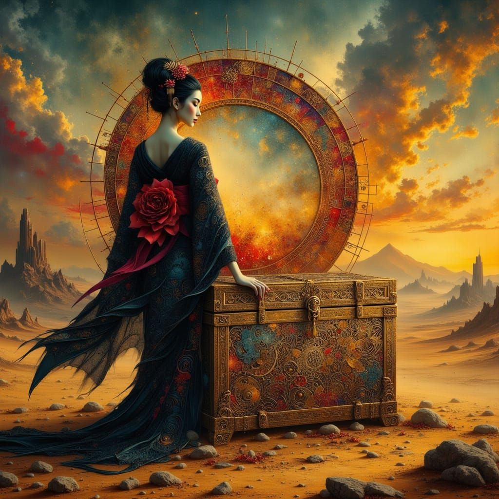 Geisha Guarding Desert Treasure Chest in Rococo Style