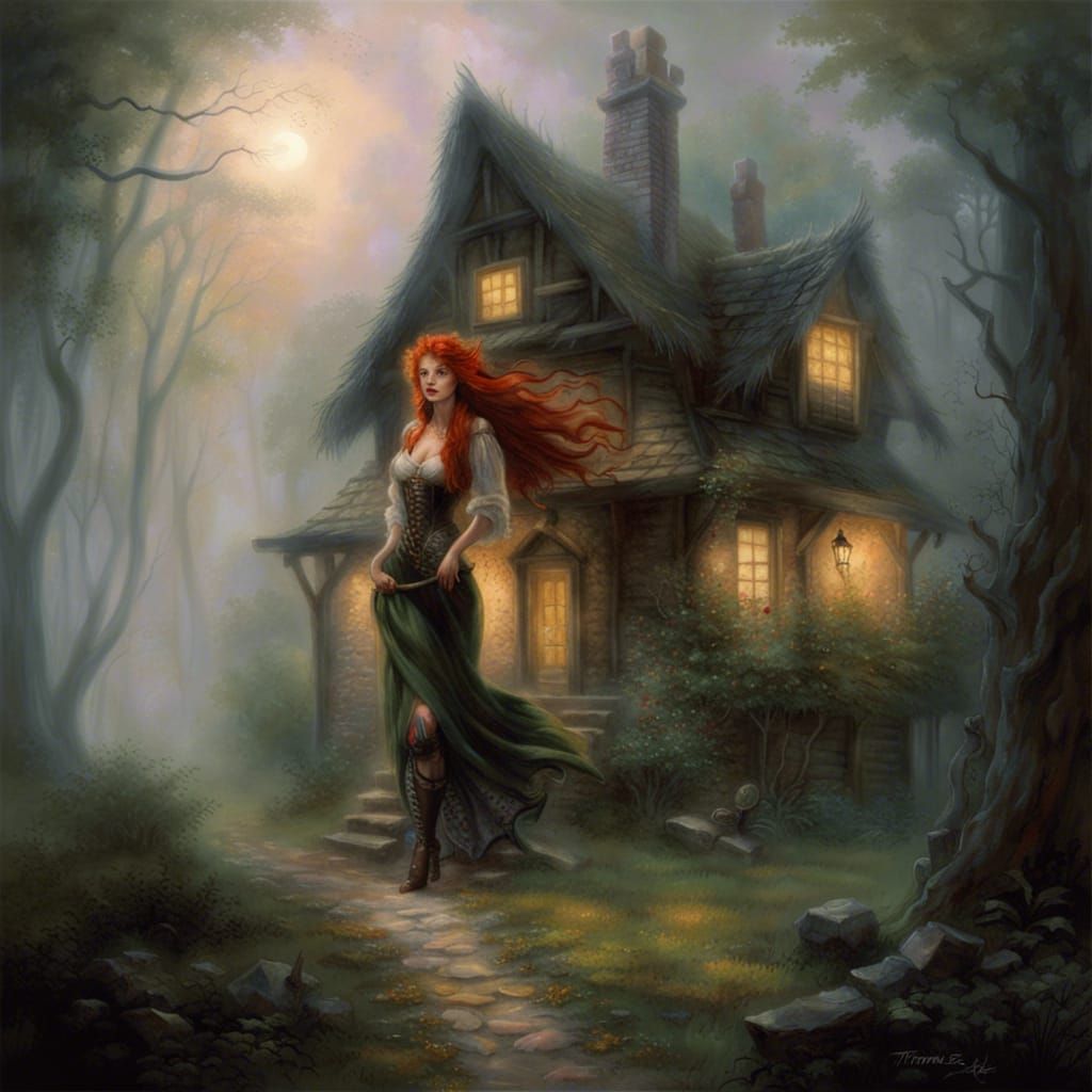 Redheaded Witch in Forest: Ethereal Fantasy Art