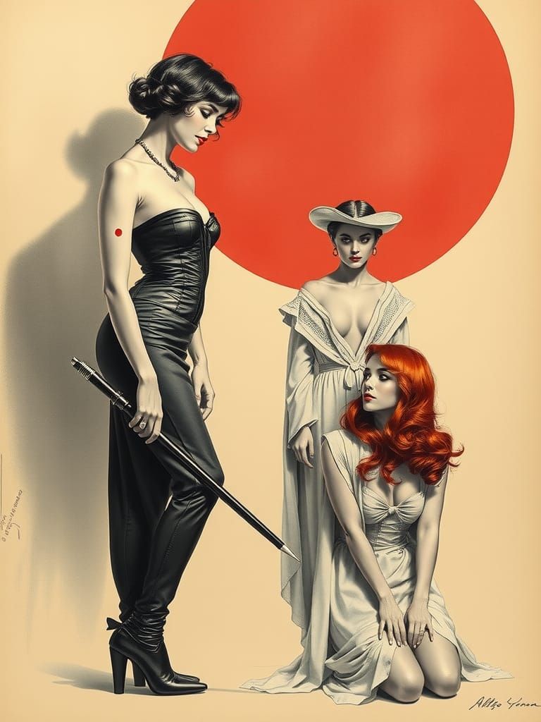 Vintage Pinup Girls in Grisaille Style with Red Circle
