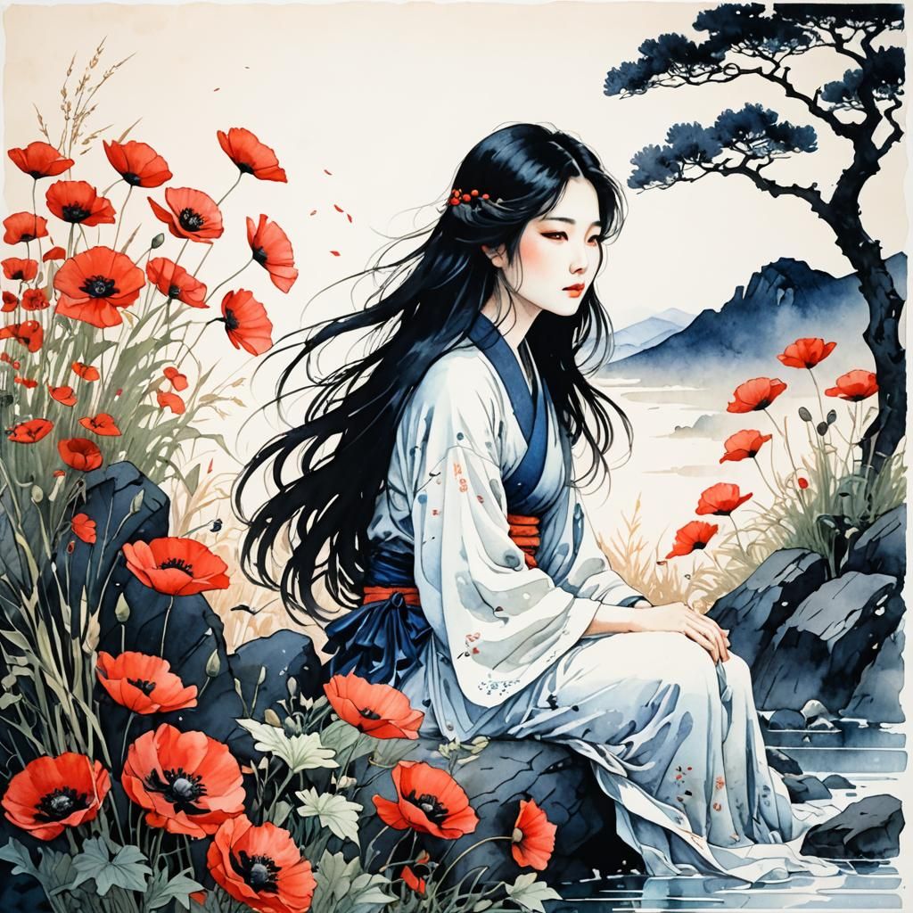 Japanese Garden at Midnight: Watercolor Illustration