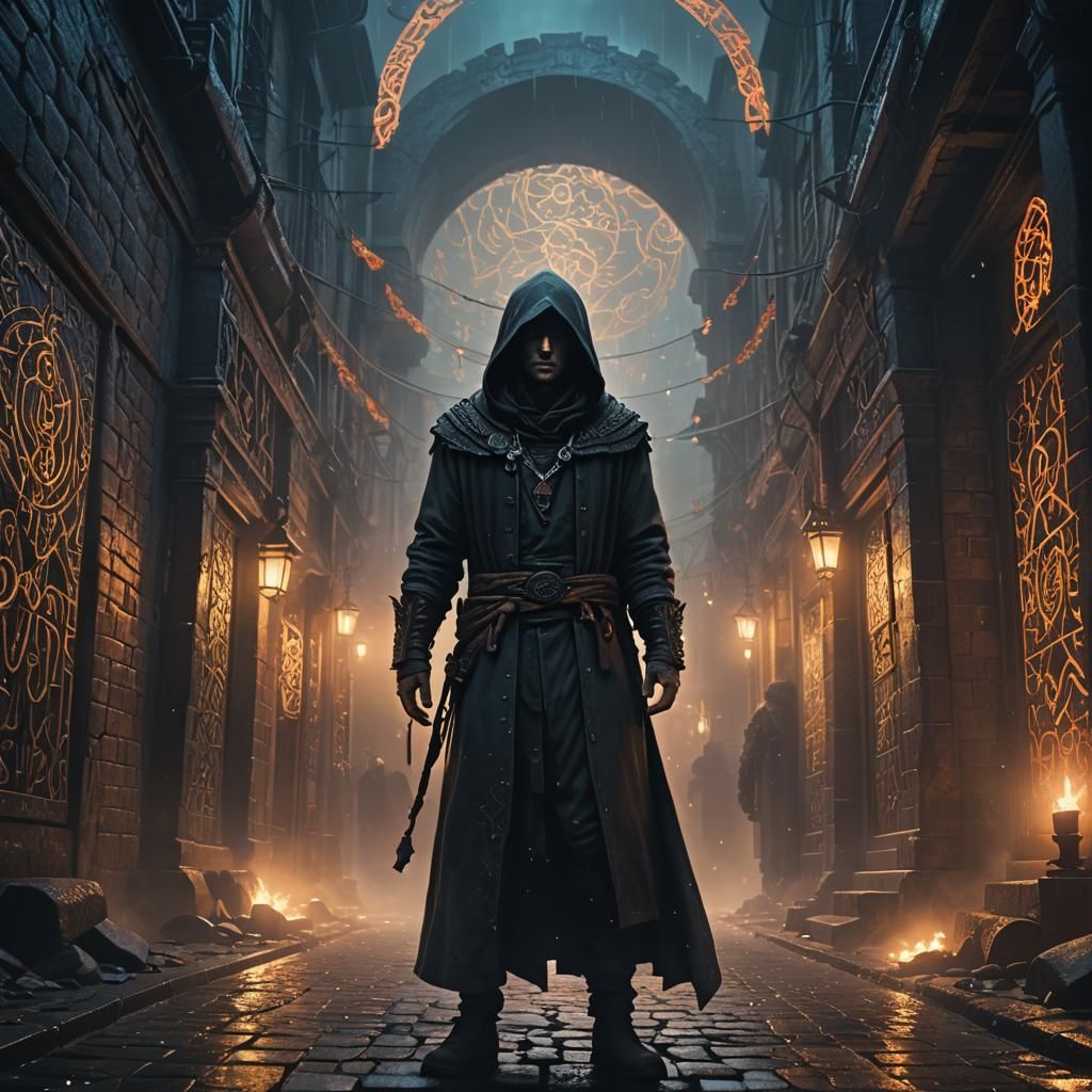 Hooded Figure Illuminated by Glowing Runes in a Dark Alleywa...