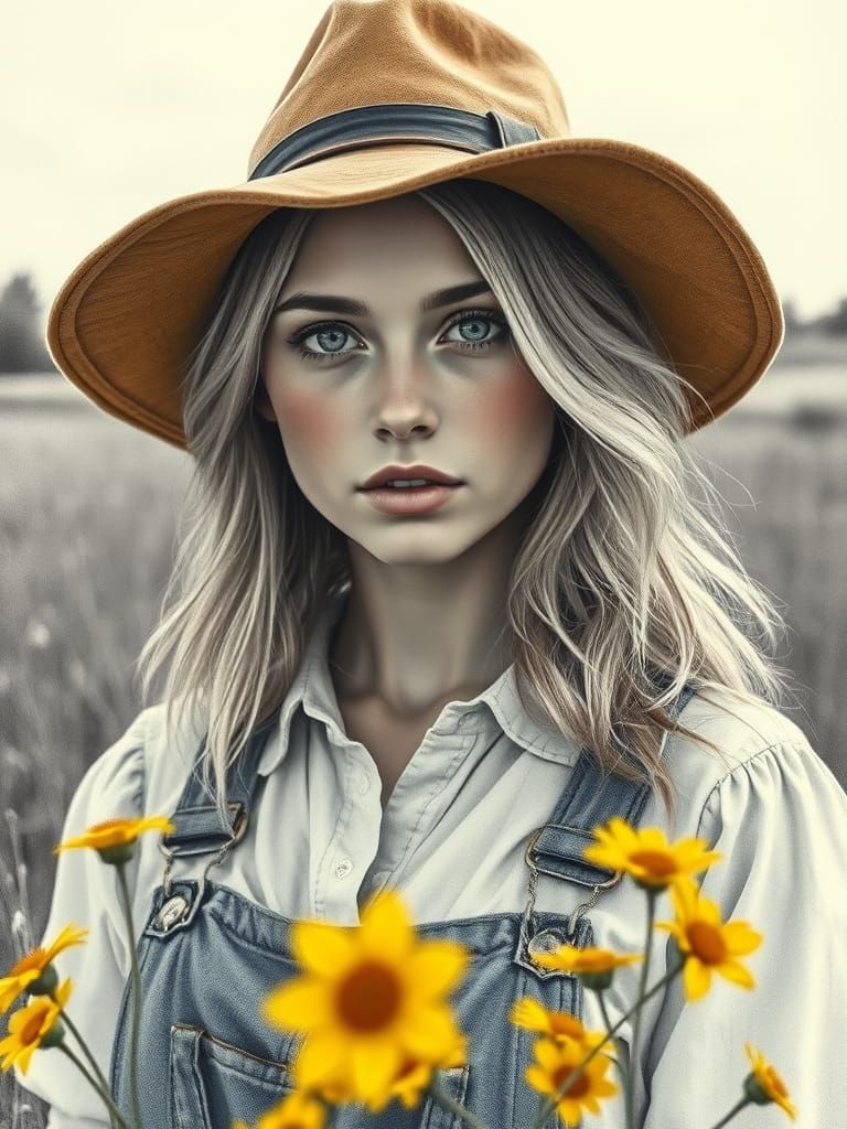 Surreal Charcoal Portrait of a Blonde Woman in a Rustic Fiel...