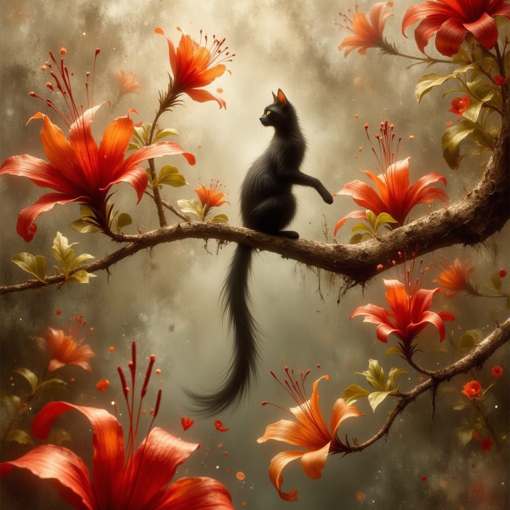 Black Cat on Floral Branch in Dreamscape