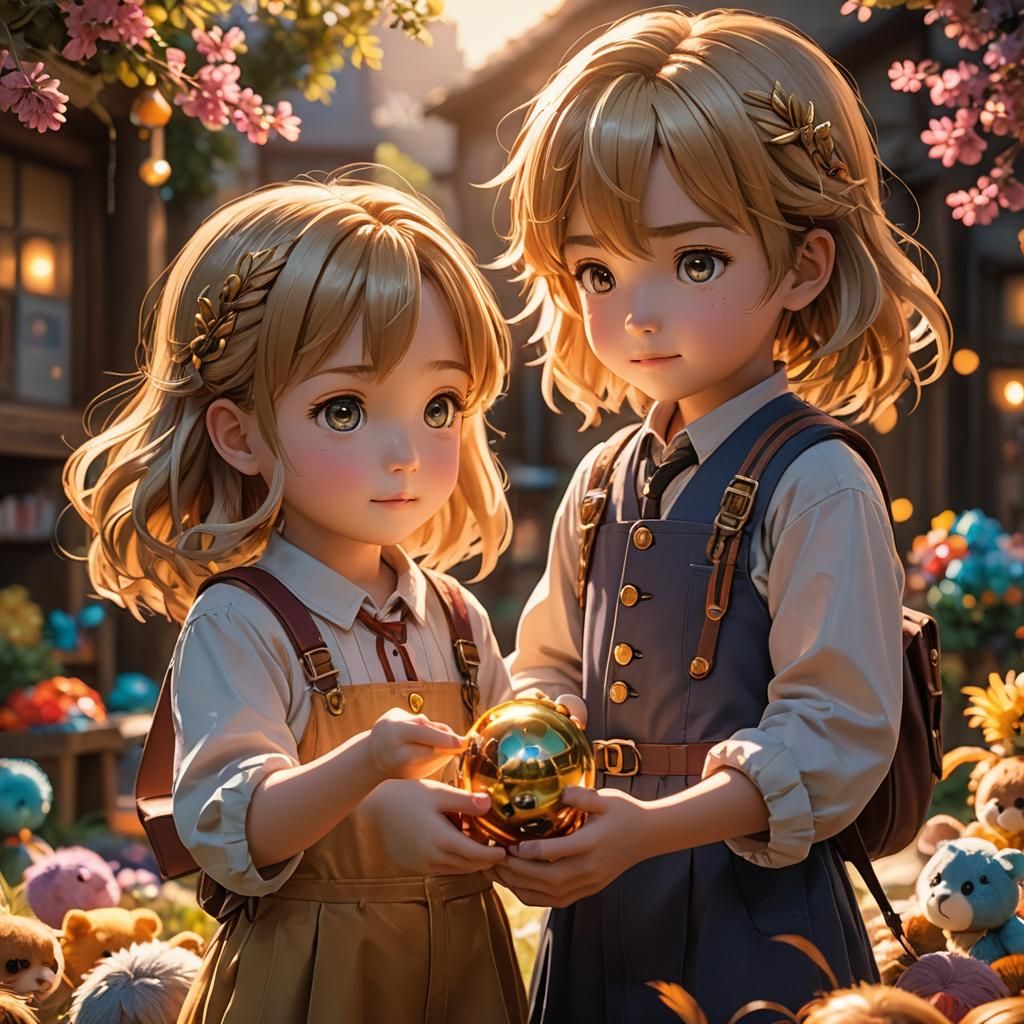 Children Sharing Toy in Anime Art Style