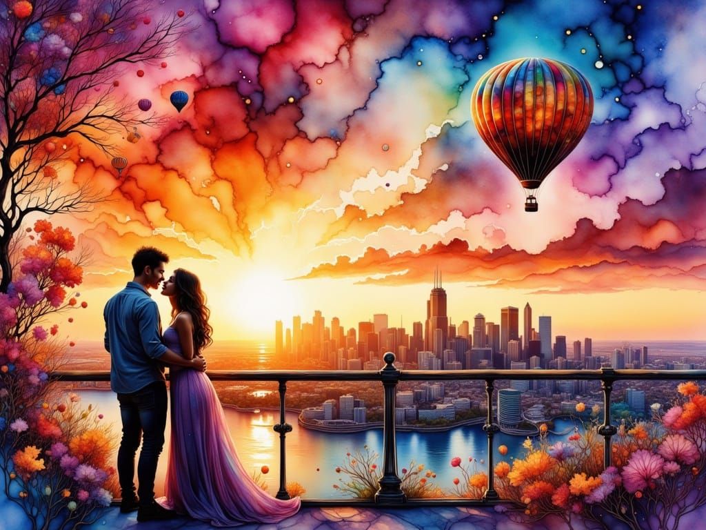 Melbourne Sunset Watercolor Panorama with Hot Air Balloon