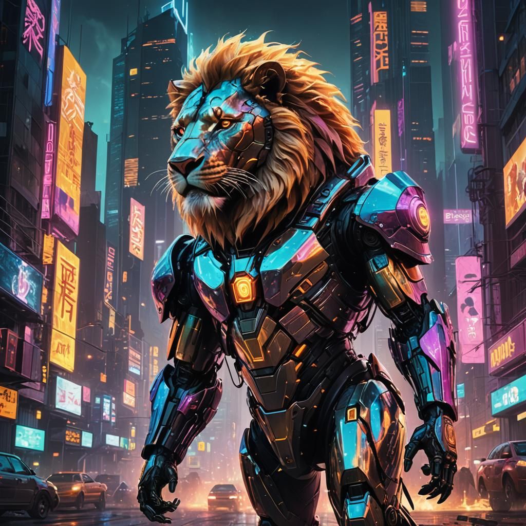 Cyborg Lion in Cyberpunk Cityscape