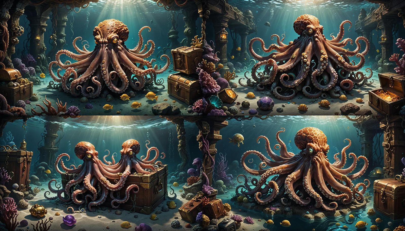 Octopus Finds Sunken Treasure: Anime Style Ocean Scene