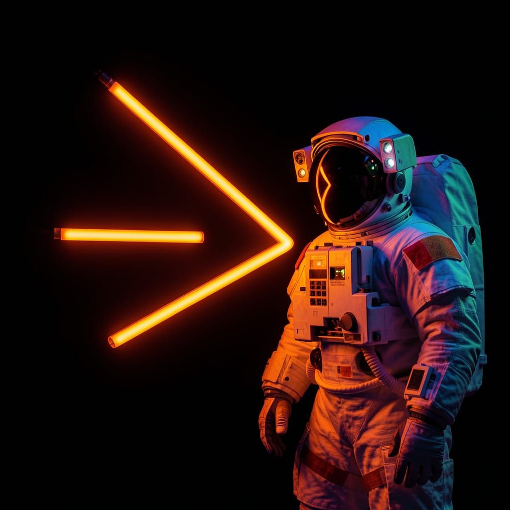 Astronaut Confronts Bold Orange Neon Arrow in Blacklight Glo...