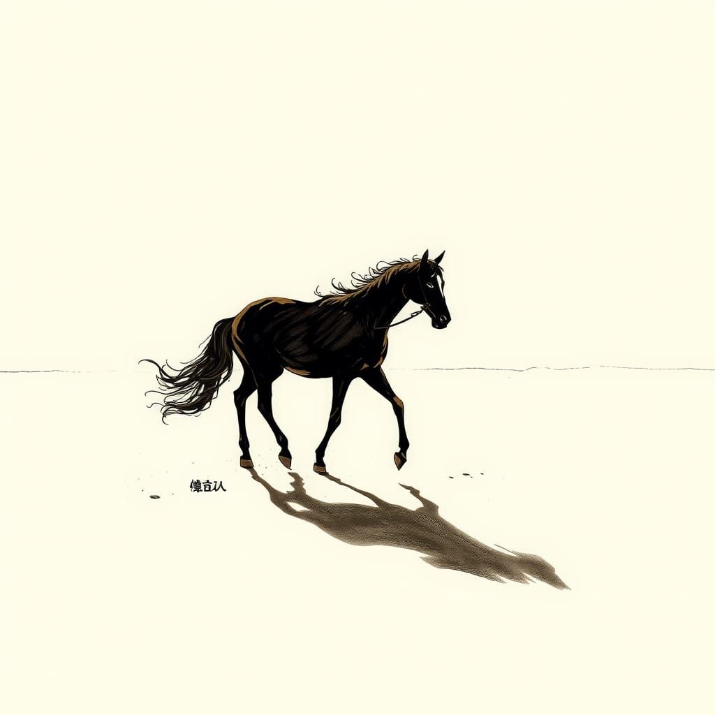 Minimalist Ink Sketch of a Shadowy Black Horse