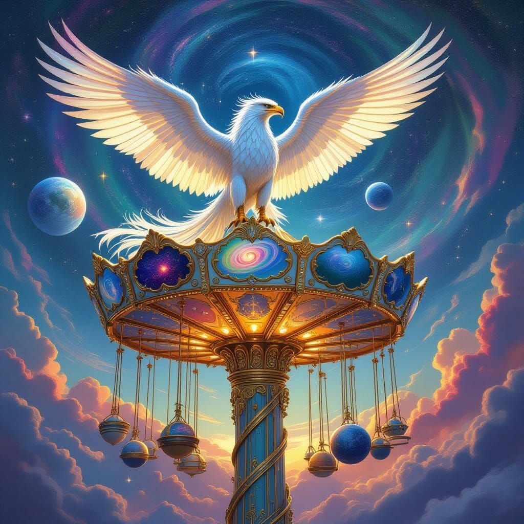 Majestic Griffin on Celestial Carousel in Cosmic Vortex