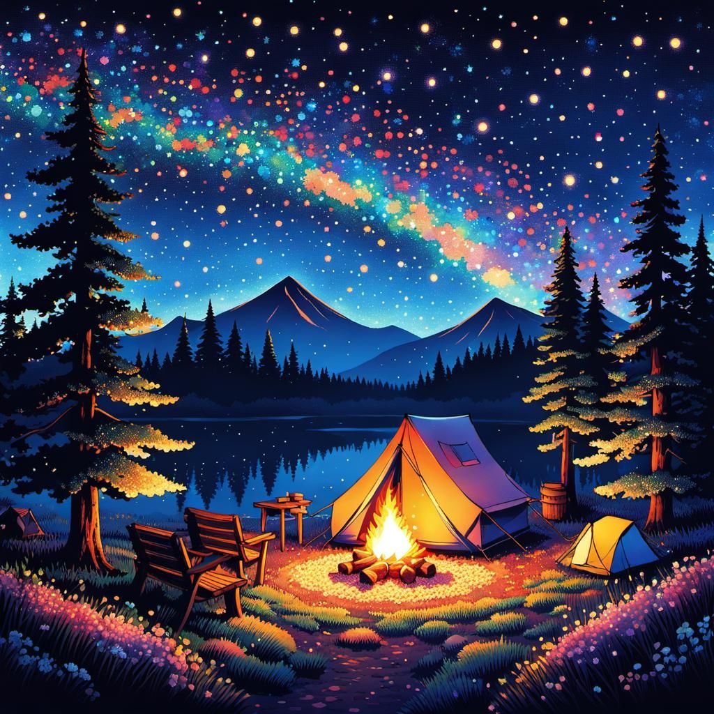 Camping at Night in Pointillism Style
