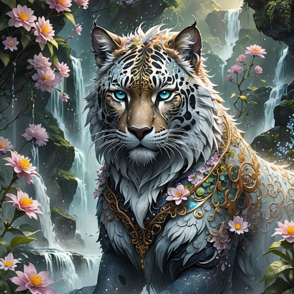 Mystical Panther Portrait with Flowers in Anime Style