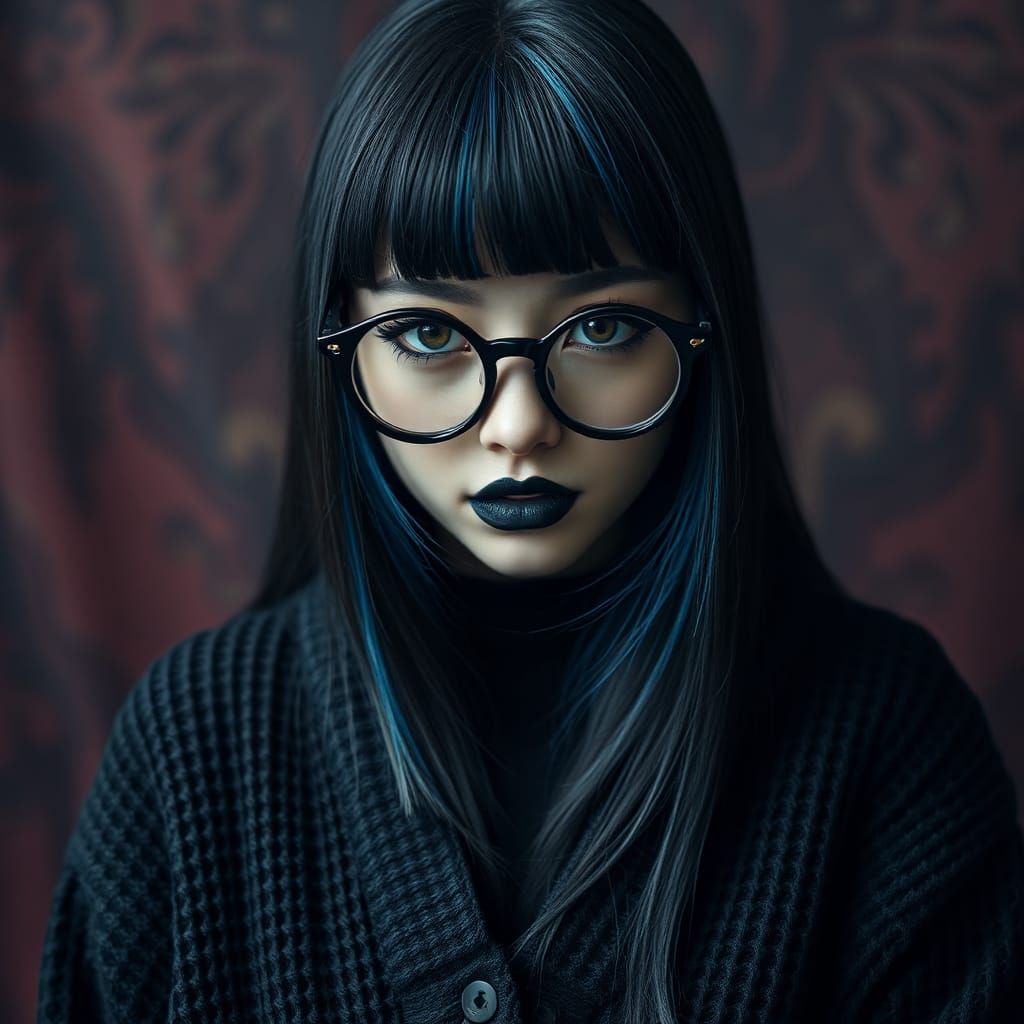 Hyperrealistic Goth Woman with Blue Highlights