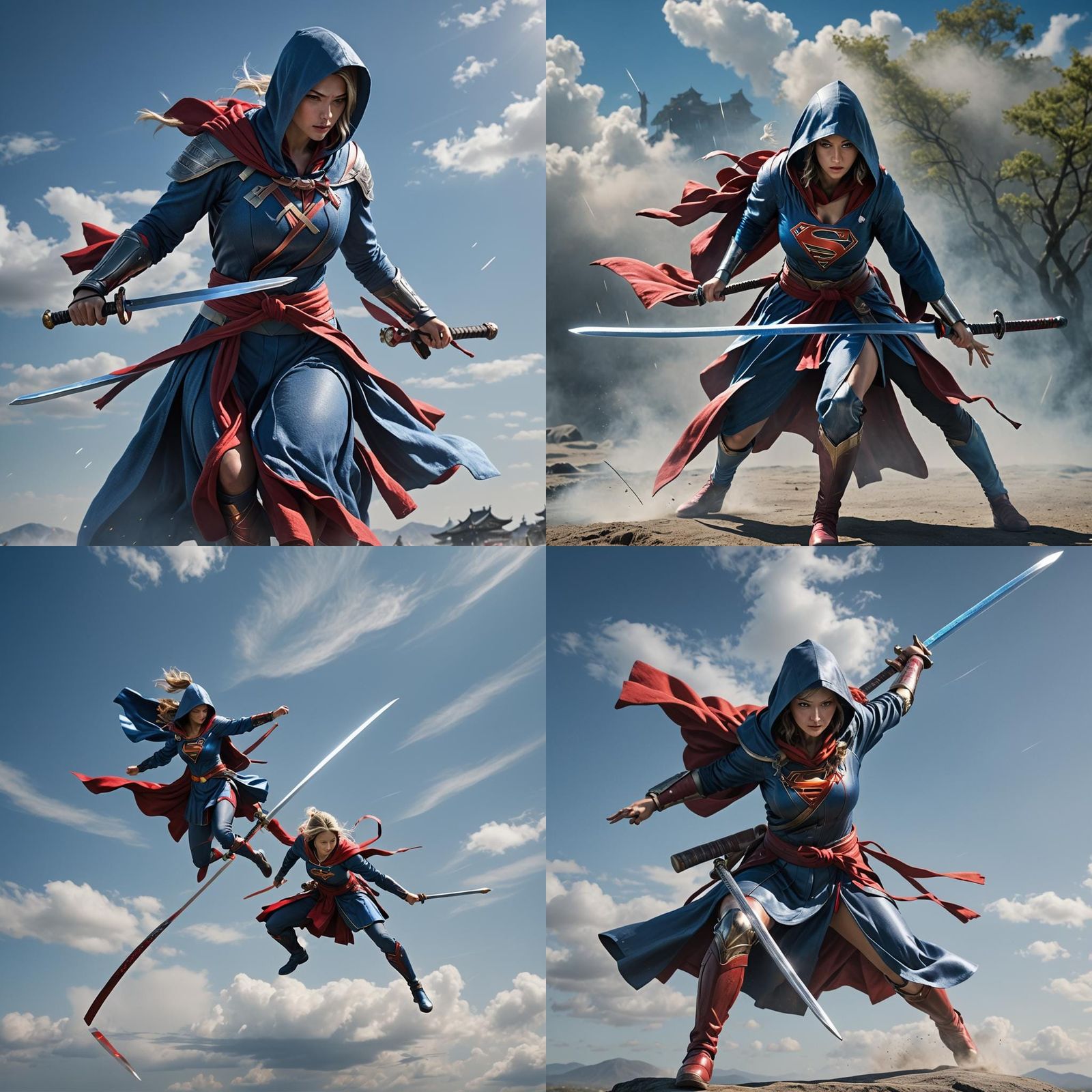 Hooded Supergirl with Samurai Sword in Hyperrealistic Style