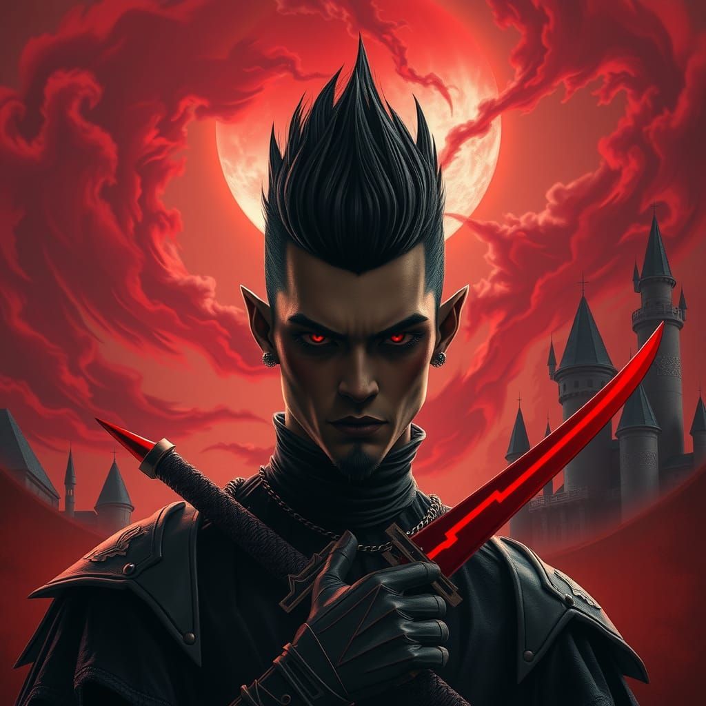 Brooding Nu Goth Villain in Dark Comic Style