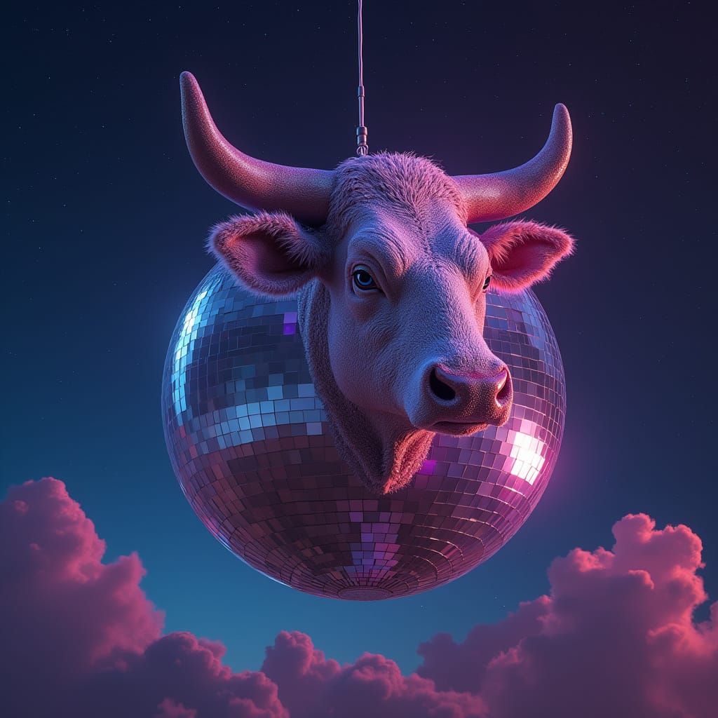 Surreal Cow Head Disco Ball in Starry Night