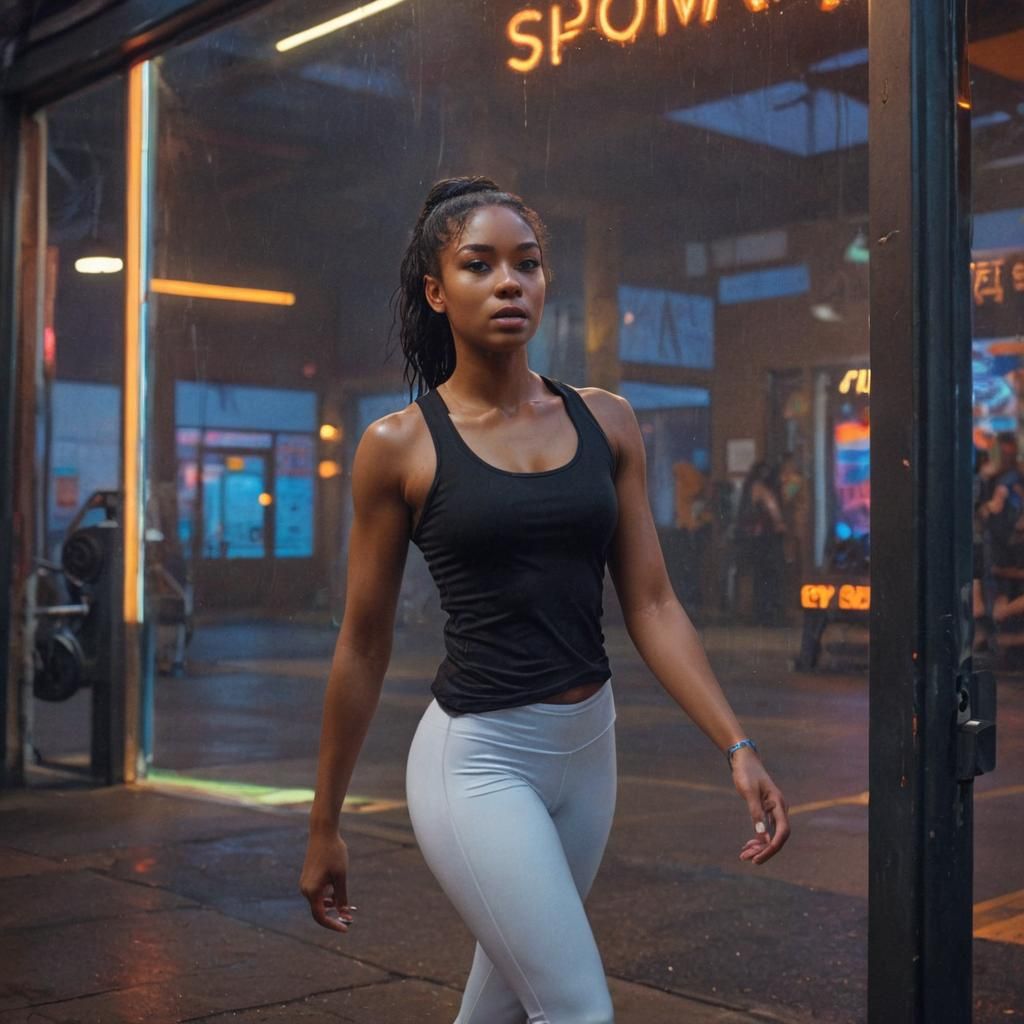 African American Woman Leaving Gym at Dusk: Digital Art