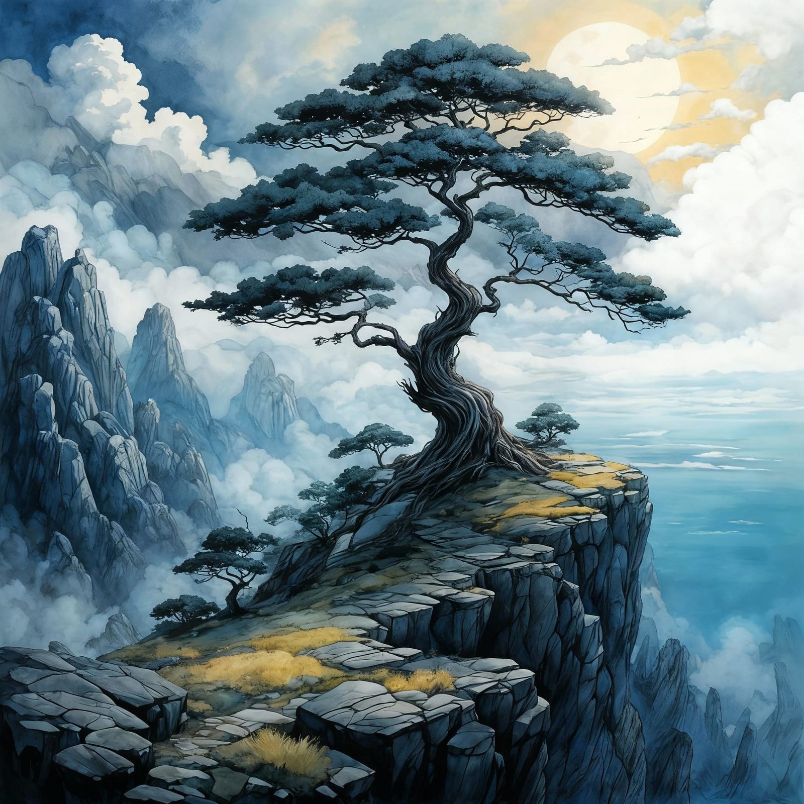 Windswept Tree on Misty Cliffside in Luminous Style