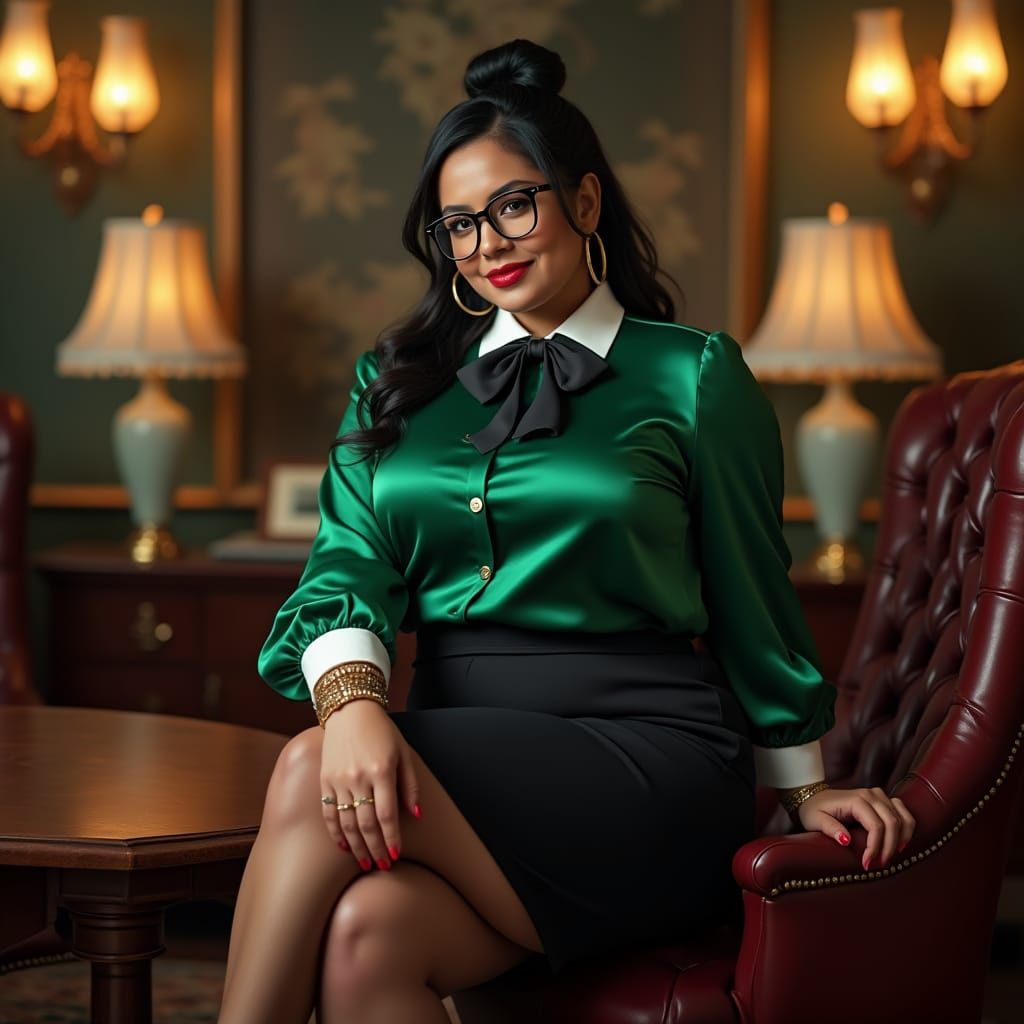 Confident Peruvian Woman in Vintage Office
