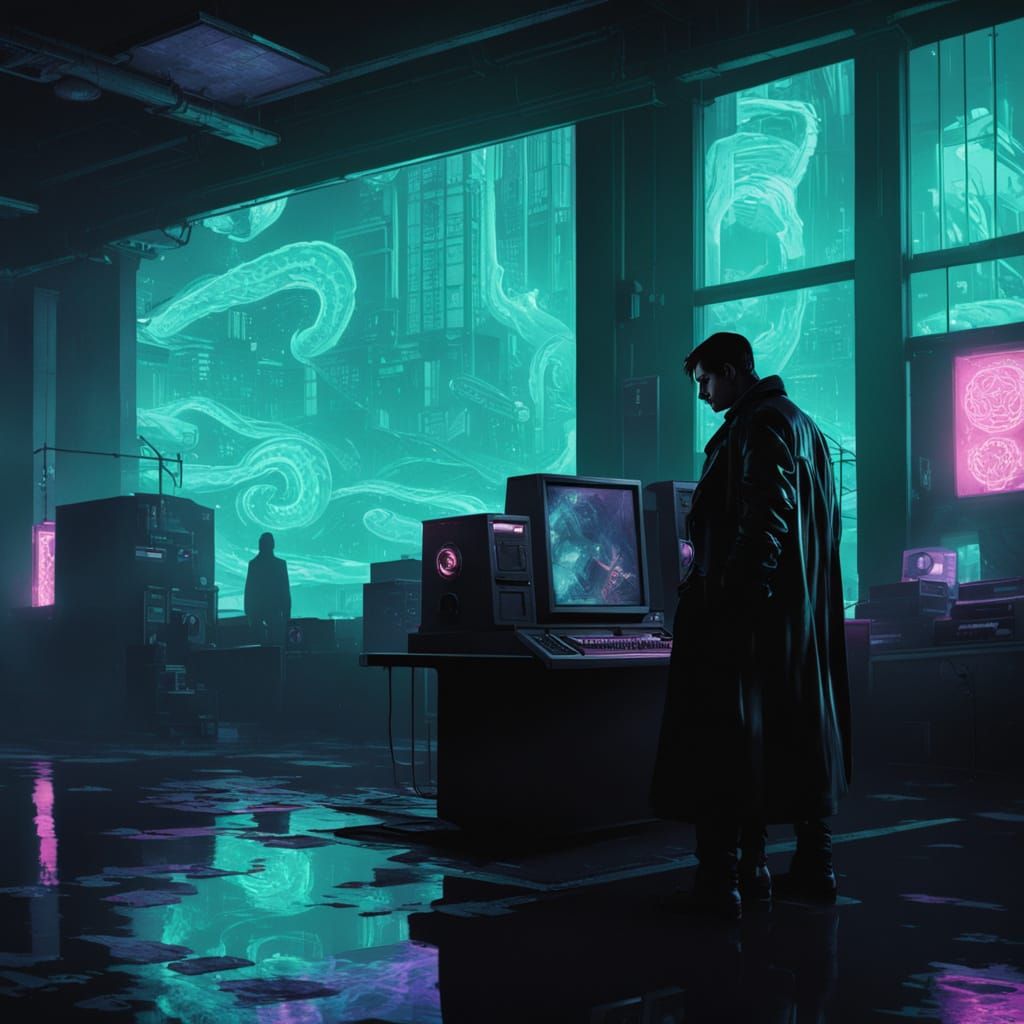 Cyberpunk Lab Scene with Glowing Liquid, Moebius Style