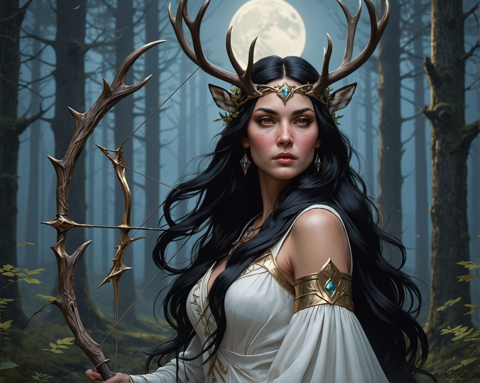 Artemis Priestess Portrait in Forest with Antlers