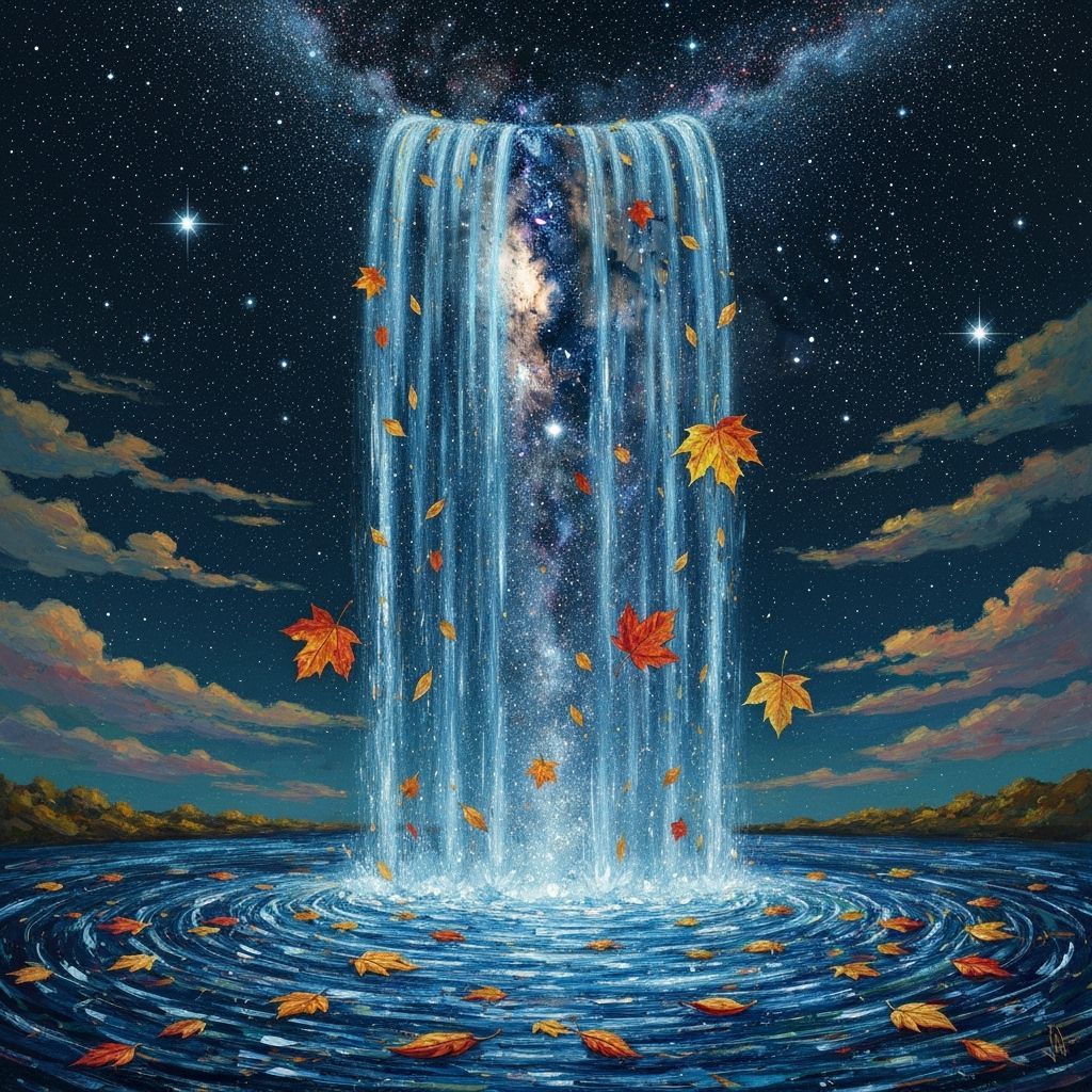Celestial Waterfall of Stars Over Autumn Landscape
