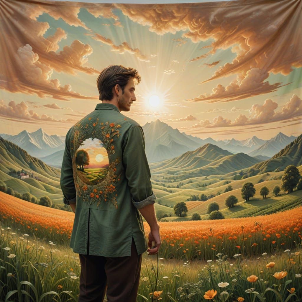 Magical Tapestry Landscape with Embroidering Artist